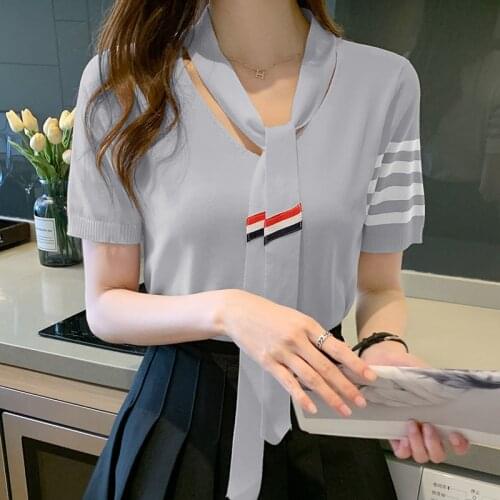 Womens T-shirt Top Summer Casual Knitted T Shirt Short Sleeve V-neck T-shirts 2021 Women Fashion Clothing