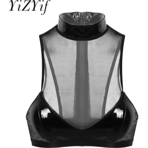 Womens Sexy Crop Tops Mesh Bra Tops High Neck Sheer Mesh Patent Leather Patchwork Back Zip Up Unlined Wireless Bra Tops Summer