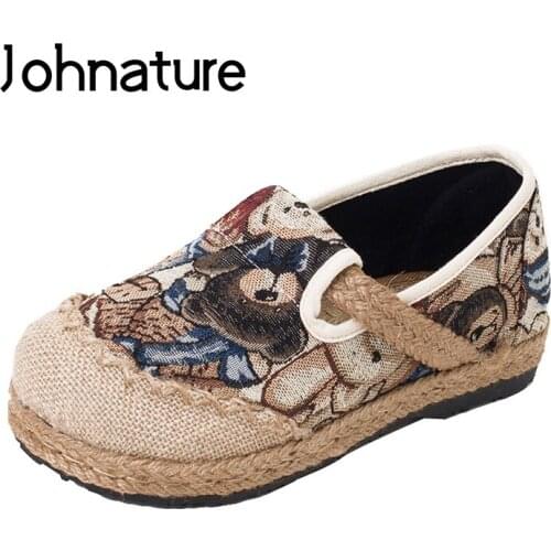 Johnature Women Shoes 2020 New Autumn Casual Flats Slip-on Round Toe Cartoon Animation Sewing National Style Ladies Shoes