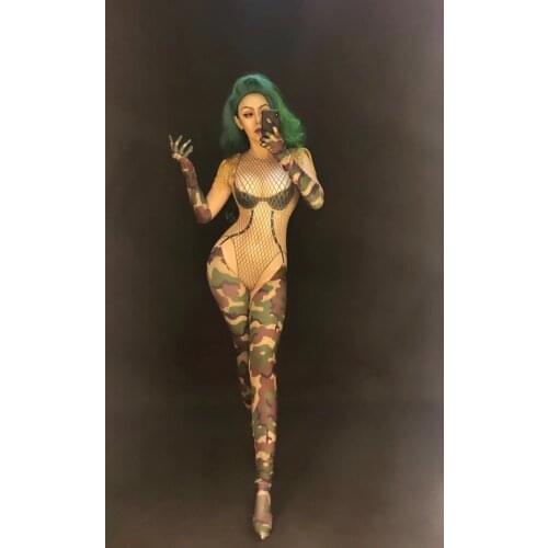 Women New 3D Printing Sexy Skinny Bodysuit Camouflage Jumpsuits Teams Dance Stage Costume Nightclub Dj Singer Performance Outfit