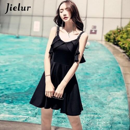 Jielur Off Shoulder Black Sling Dress Korean Elegant Ruffles Women Summer Hipster Beach Party Slim A-line Dress Vestido Mujer