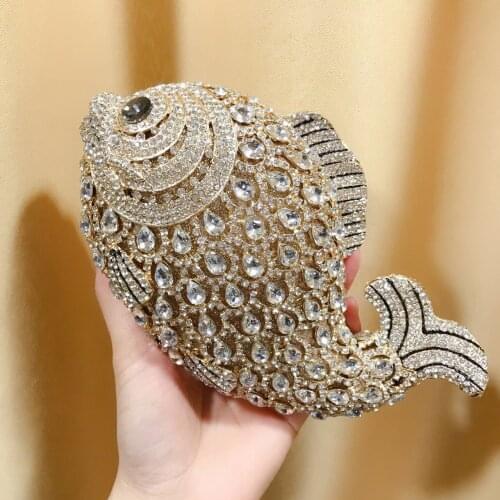 19x12CM New Style Diamond Dinner Bag Mermaid Crystal Bag Animal Goldfish Model Hard Box Women Bag a6828