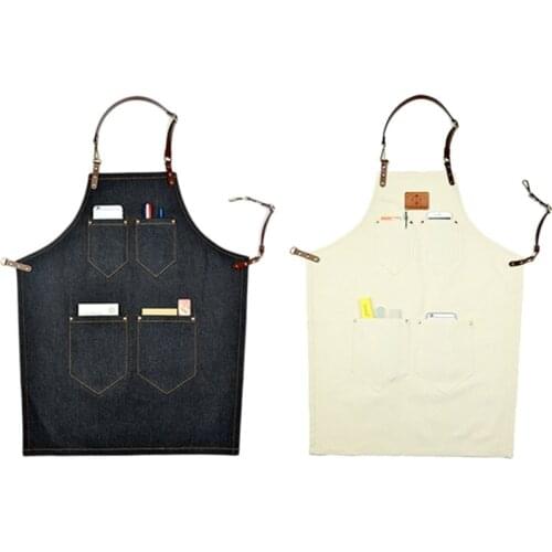 Black Denim White Canvas Apron Cow Split Leather Strap Barber Hairdresser Florist Painter Uniform Barista Bartender WorkWear K49