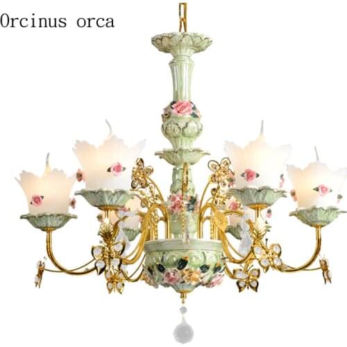 European luxury flower ceramic chandelier living room bedroom French idyllic dream LED chandelier free shipping