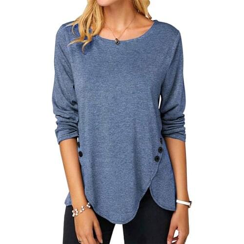 New Women Autumn Spring T Shirts Fashion Casual Irregular Button Long Sleeve O Neck Tshirt Female Loose Tee Cotton Casual Tops