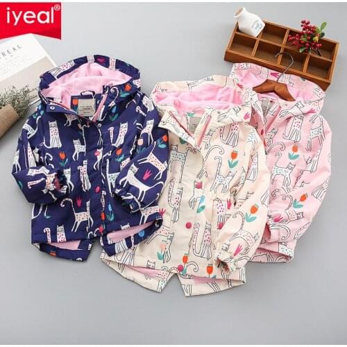 IYEAL Windbreaker Girls Jacket For Children Hooded Cartoon Printed Polar Fleece Girls Outerwear Coat 2-10 Years Kids Jackets