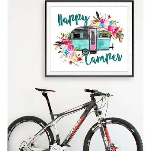 Camper With Flowers Print Watercolor Canvas Poster Vintage Blue Camper Van Bus Wall Picture Decor Coastal Art Decoration