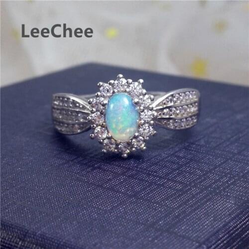 LeeChee Genuine Opal Ring 4*6MM Colorful Gemstone Fashion Jewelry for Wedding Engagement Gift Real 925 Sterling Silver Free Ship