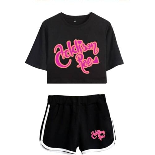 Popular Addison Rae Exposed Navel Black T-shirt+shorts womens two-piece sets Fashion Summer Addison Rae girls two-piece suits