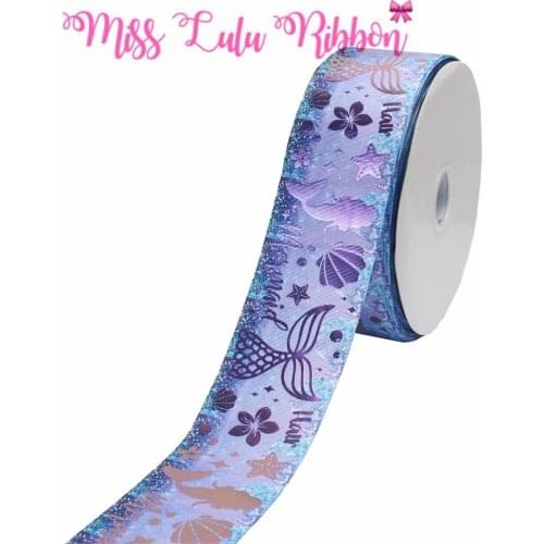3"75mm Cartoon Mermaid Tail Scale Shell Rainbow Hologram Foil Shiny Purple Printed Grosgrain Ribbon DIY Hair Bands 50yards/roll