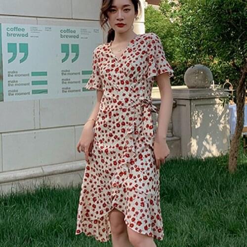 Summer 2021 Runway Elegant Korean Party Night Dress Boho Vintage Tropical Beach Vacation Dresses Women Midi Floral Chiffon Dress