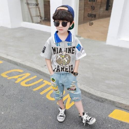 2021 boys' summer suit new cartoon letters one-piece suit childrens short-sleeved denim jacket middle and small childrens shor