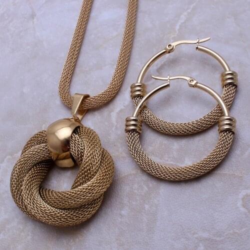 Fahion Jewelry Set Stainless Steel Net Necklace With Round Pendant and Hoop Earrings For Woman Joyas Jewels Store SG717001