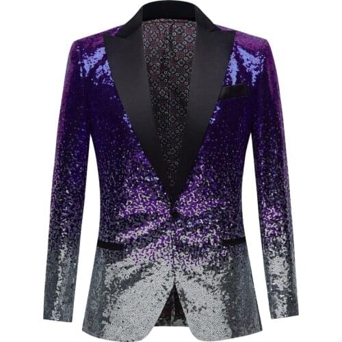Silvery and Violet blue Sequin Shawl Collar Tuxedo Suit Blazer Men Wedding Groom Singer Prom Glitter Suit Jacket DJ Club Stage B