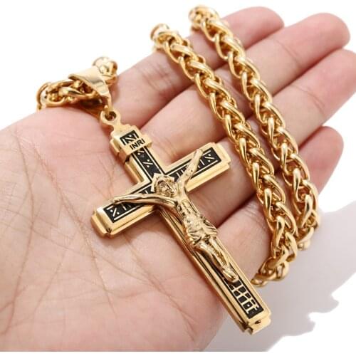Top Quality Stainless Steel Gold Tone Multilayer Cross 44*92mm Christ Jesus Pendant Necklace Chains For Men Jewelry Gift 24