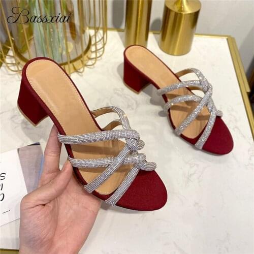 Diamond Crystal Cross Plaited Narrow Band Mules Lady Sexy Fretwork Open Toe Slingbacks Rhinestone Sandals Women Summer