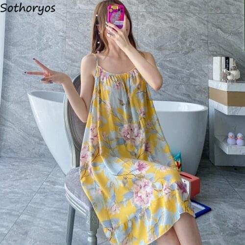 Women Sleeveless Nightgowns Spaghetti Straps Print Long Sleep Dress Summer Thin Sexy Home Lounge Wear Nightdress Loose Oversize