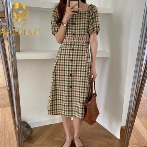 New Summer 2021 Hot Retro Square Collar Plaid Elegance A-Line Waist-Controlled Chic Gentle All Match Vintage Geometric Dress