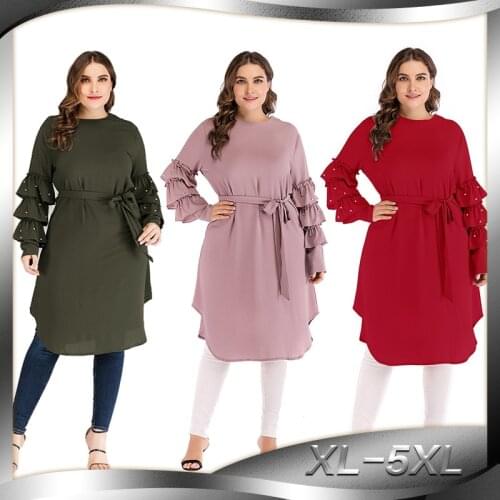 Solid Color Muslim Tops and Blouses Women Long Sleeve Beaded Lace-up Arab Dubai Clothing Female Loose Long Tops Plus Size XL-5XL
