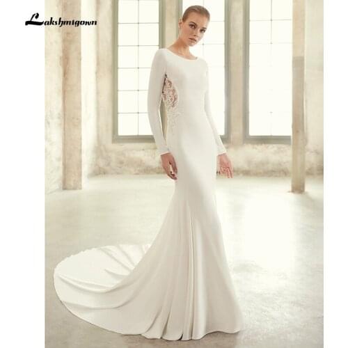 Simple Long Sleeve Mermaid Wedding Dresses 2021 Lace Appliques Court Train Button Back Gorgeous Bridal Gown Satin