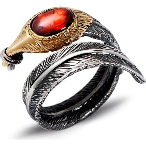SA SILVERAGE 925 Pure Silver Jewelry Retro Thai Silver Bird-shaped Open Feather Ring Synthetic Garnet Black Agate Men Ring