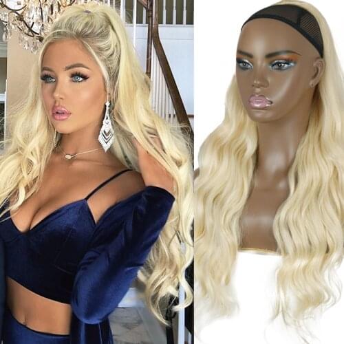 XINRAN Body Wavy Long Ponytail Extension Synthetic Drawstring Ponytails Clip in Hair Extensions for Women Black Blonde Ponytail