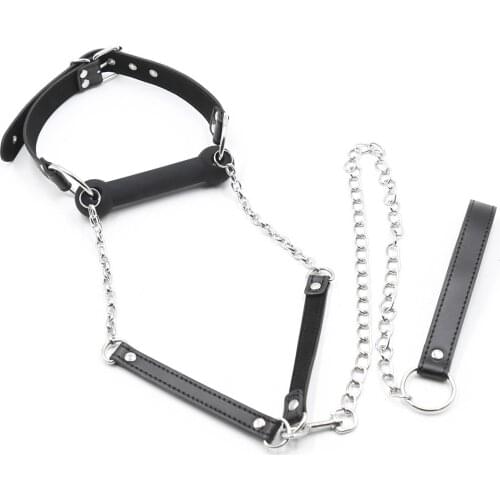 Silicone Gags Traction Chain Mouth Plug Gag PU Leather Head Harness Fetish Dog Role Play Bondage Slave Lesbian Couples