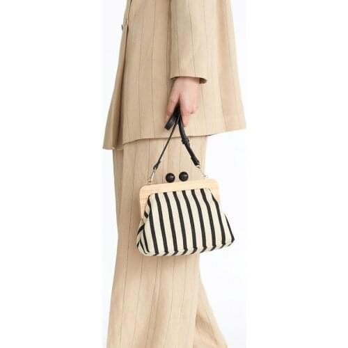 Retro Striped Wooden Clip Shell Bag for Women Messenger Bag Canvas Bead Shoulder Crossbody Bag Ladies Purse Clutch Bolsa MujerQ4
