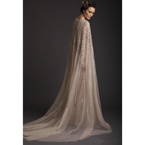 Wedding Dresses A-Line Crew Champagne See-Through Bridal Gowns Appliques Beads Watteau Dress Krikor Jabotian Vestido De Noiva