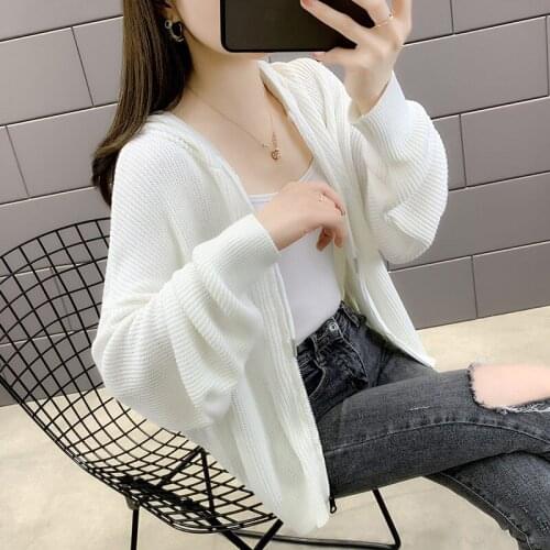 Sweater Jacket Womens Knitted Cardigan 2021 New Spring Clothes Zipper Hooded Solid Color Long Sleeve Sweet Girls Coat Top zh469
