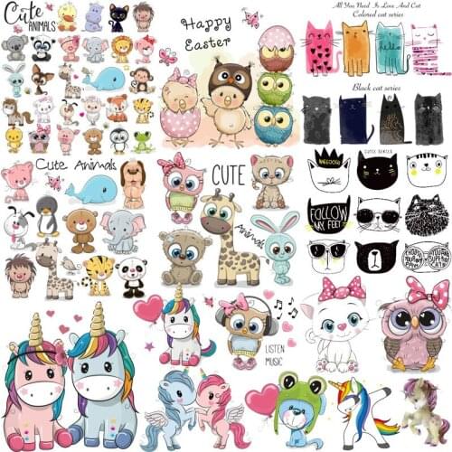 Iron on Cute Animal Patches Set for Clothing DIY T-shirt Applique Vinyl Unicorn Owl Cat Heat Transfer Clothes Thermal Stickers F
