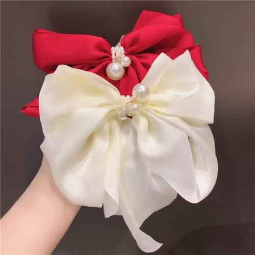 French Retro Satin Hairpin Fashion Big Bow Lady Hair Clips Popular Pearl Embellishment Candy Color Barrettes Hair Accessories
