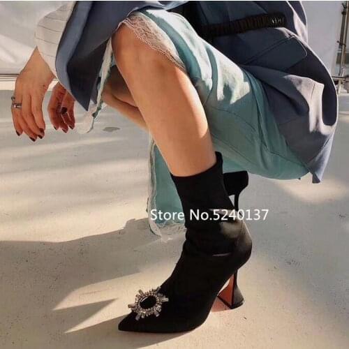 New European Design Strange Heel Crystals Black Women Boots Silk Pointed Toe Side Zip Elastic Slim Mid-calf Boots For Women