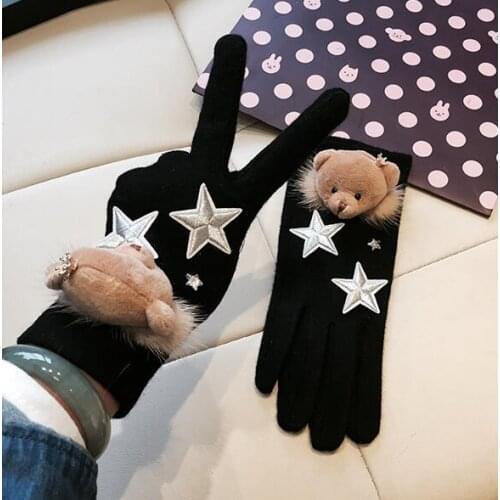 Womens autumn winter thicken warm lovely star bear gloves ladys touch screen black cartoon glove winter driving glove R2272
