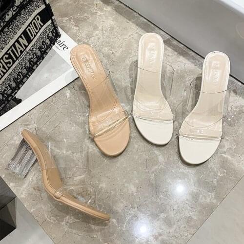 2021 Summer High Heels Women Shoes Fashion Transparent Heels Sexy Hollow Breathable Slippers Square Toe Female Clear Heels Slid