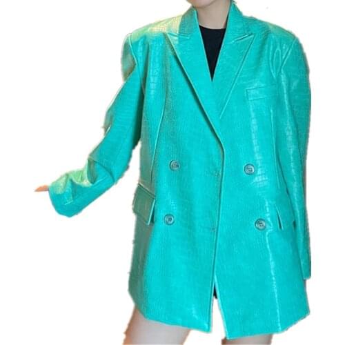Spring Autumn new fashion Women Double breasted Pu Leather Blazer Women New Lapel Long Sleeve Loose small suit