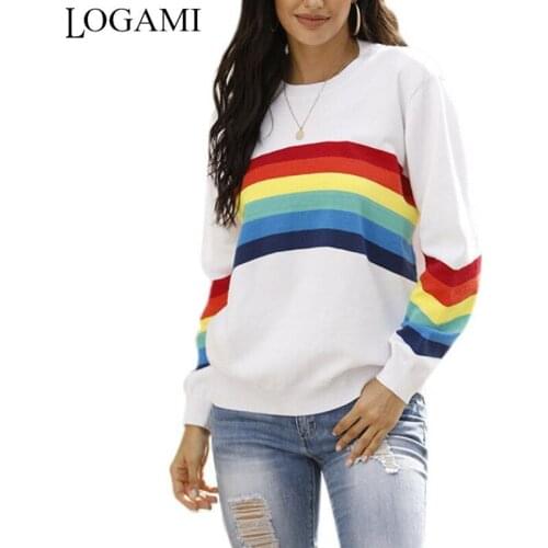 LOGAMI Rainbow striped Knitted pullover sweater woman long sleeve o neck casual jumper women knitwear
