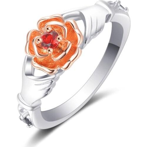 Hainon Fashion Red Zircon Rose Flower Silver Color Wedding Rings for Women Hand Hold Engagement Ring for Female Jewelry