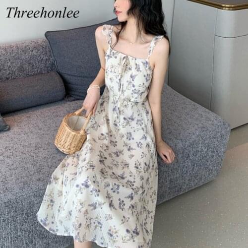 Summer Fashion Print Korean Women Strap Dress 2021 Casual Temperament Sleeveless Knee-length Floral Dresses