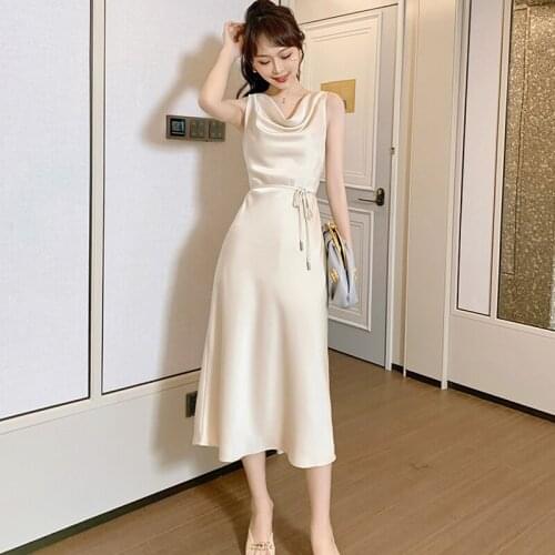 Fashion French Vintage Swinging Collar Sleeveless Midi Party Dress Ladies OL Elegant Robe Casual Coffee Break Sashes Satin Dress
