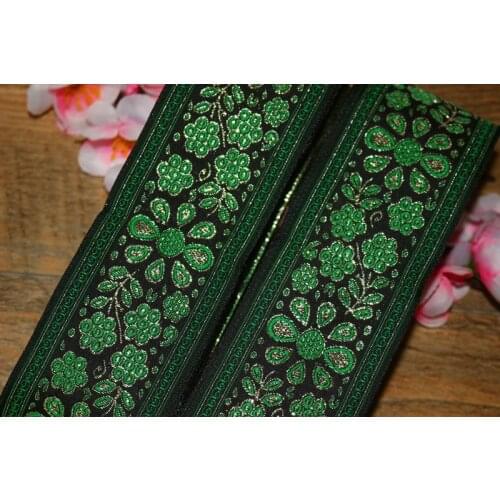 10yards/lots Woven Jacquard Ribbon 5cm black background green flowers pattern IS-2934