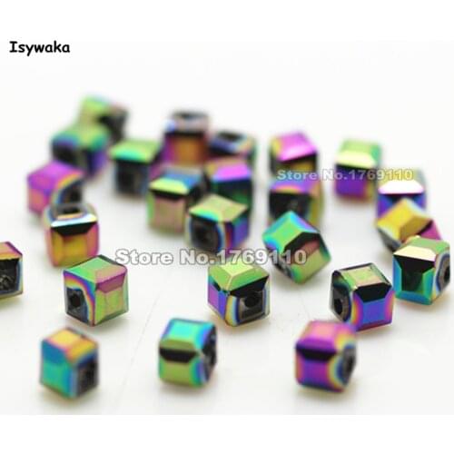 Isywaka 100pcs Cube 4mm Purple Green Color Square Austria Crystal Beads Glass Beads Loose Spacer Bead for DIY Jewelry Making