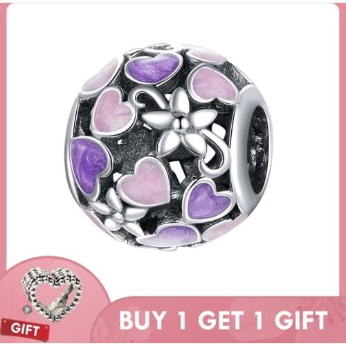 Bisaer 925 Sterling Silver Ball Beads Purple Heart Shape Zircon Charm fit Original Bracelet Bangle Women Making Jewelry ECC1798
