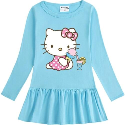 Sanrio Hello Kitty 2021 cartoon childrens long-sleeved T-shirt girls round neck cotton dress pleated kid baby skirt