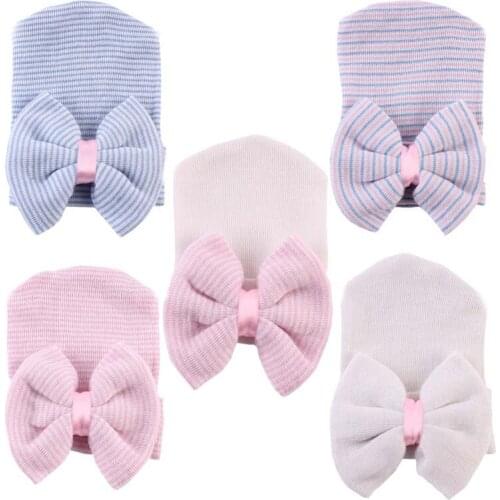 Newborn Baby Hat Toddler Baby Warm Hats Cotton Striped Caps Soft Hospital Pink White Boys Girls Bow Beanies for Newborn 0-6M