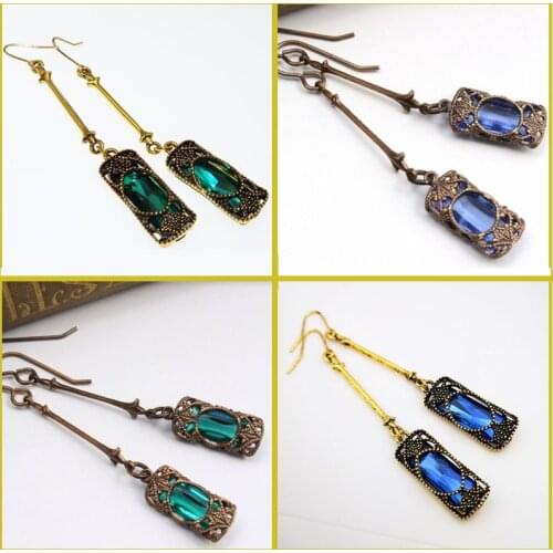 Long Bar Hook Drop Dangle Pendant Earrings Square Hollow Out Metal Stone Inlaid Openwork Carved Blue Green Purple Stone Earring
