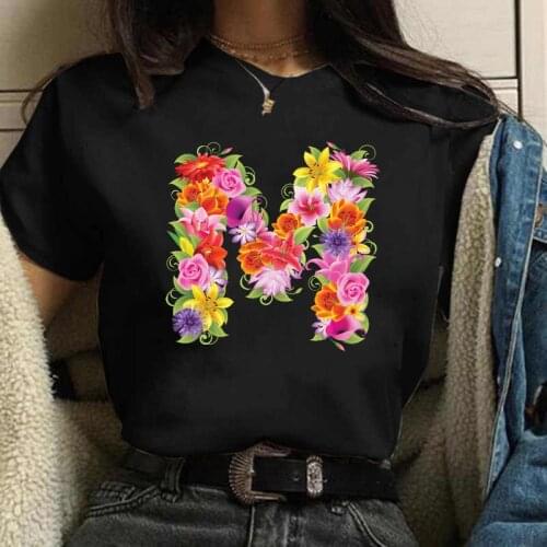 Womens Floral Letter Combination Printing T-shirt 90s Girl Flower Letter Font A B C D E F G Short Sleeve Tshirt,Drop Shipping