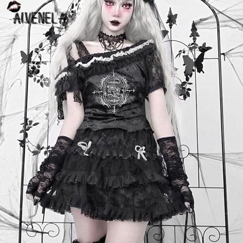Harajuku Gothic Girls Lace T-shirt Cropped Tops Short Sleeve Lolita Bandage Embroidery Female T-shirts AFC1314