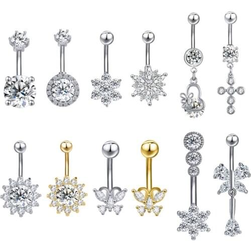 Crystal Belly Rings for Women Stainless Steel Belly Button Rings Long Drop Navel Piercing Flower Belly Piercing Body Jewelry