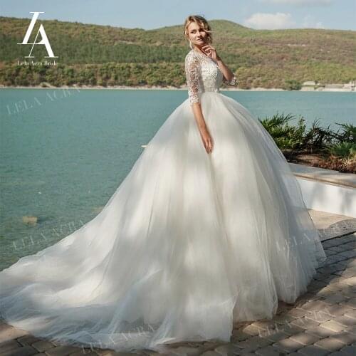 LelaAcra O-Neck Lace Wedding Dress 2021 Appliqued With Sleeve Bridal Ball Gown Vintage Princess ER33 Plus Size Vestido De Novia